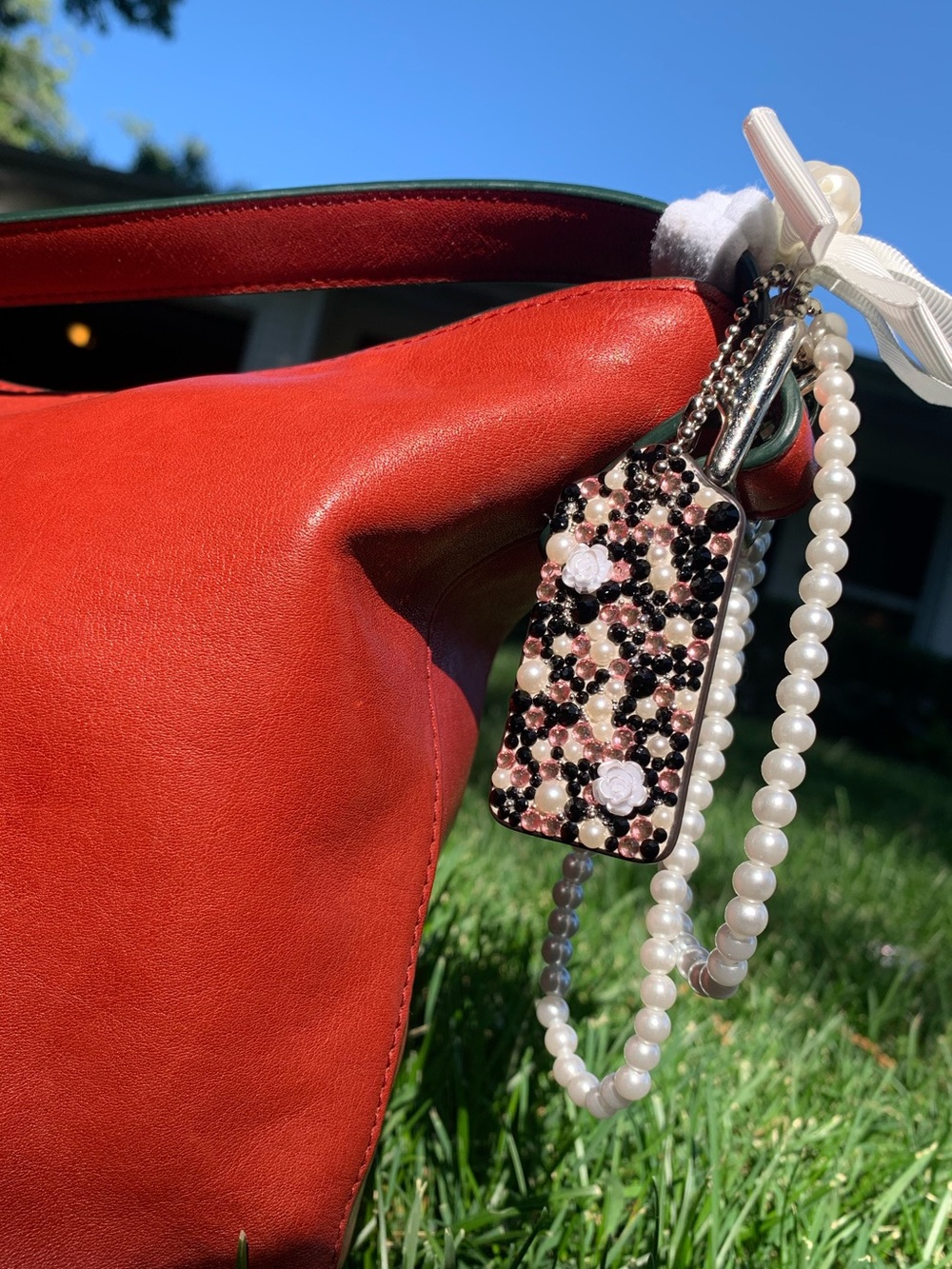 Coach New York White Pebbled Hangtag with Black, Pink & Pearl Rhinestones
